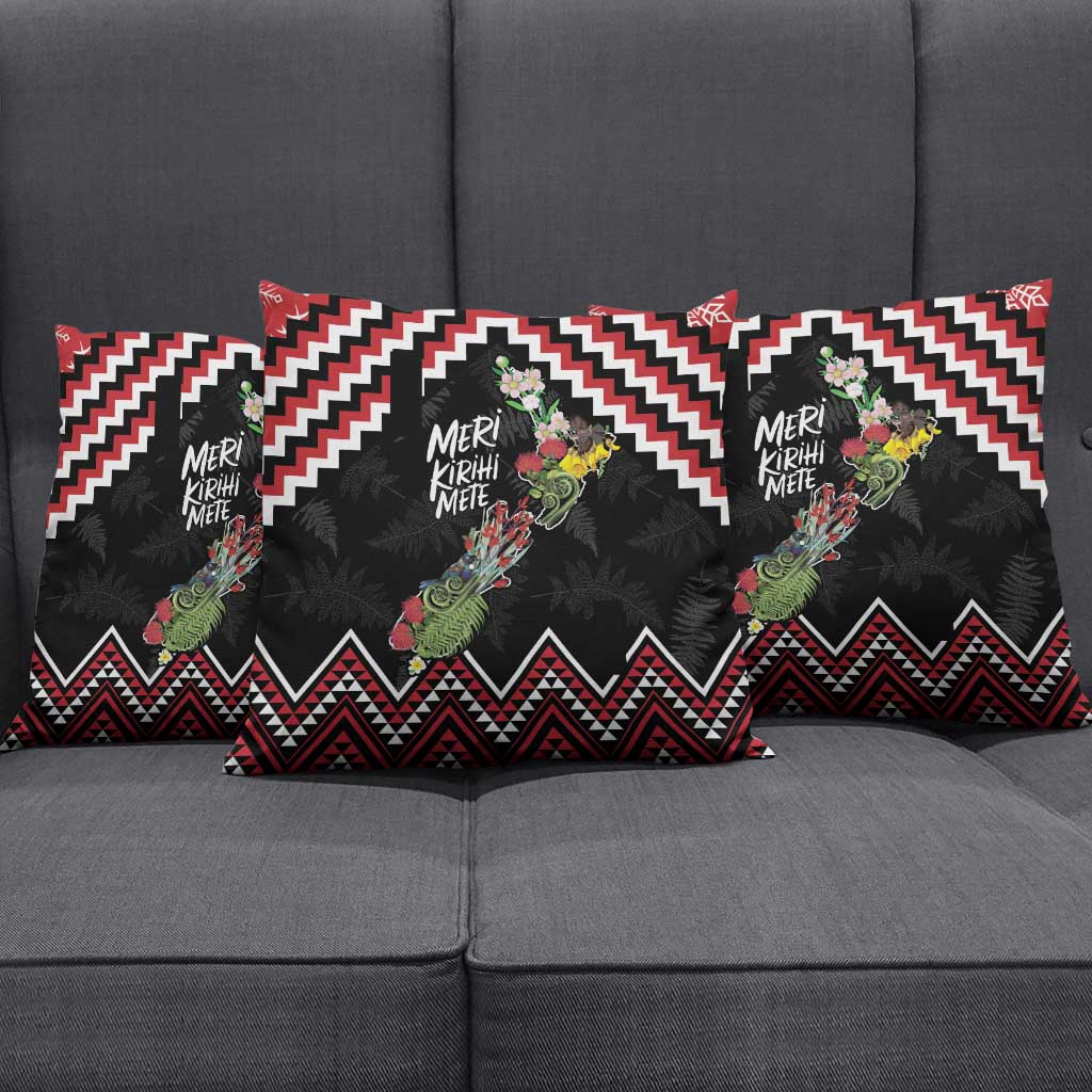 New Zealand Christmas Taniko Poutama Pillow Cover Flora Map with Birds - Polynesian Pride