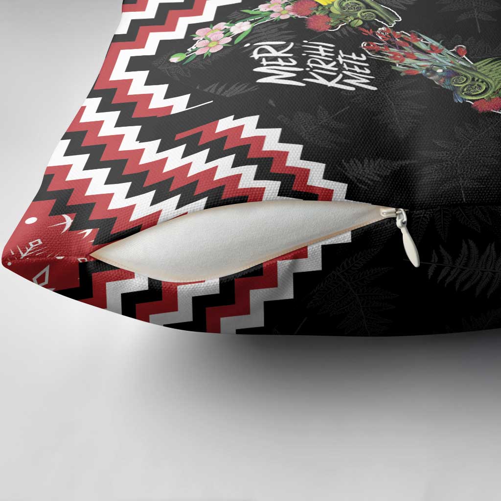 New Zealand Christmas Taniko Poutama Pillow Cover Flora Map with Birds - Polynesian Pride