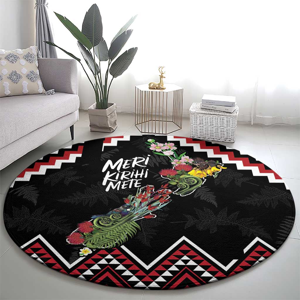 New Zealand Christmas Taniko Poutama Round Carpet Flora Map with Birds - Polynesian Pride