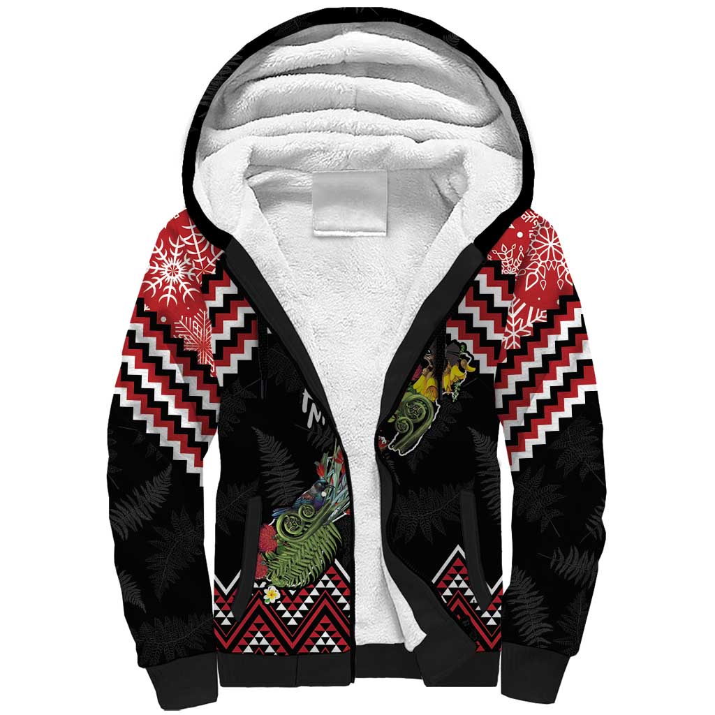 New Zealand Christmas Taniko Poutama Sherpa Hoodie Flora Map with Birds - Polynesian Pride