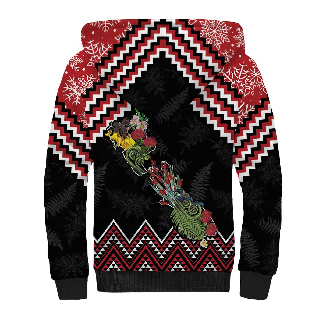 New Zealand Christmas Taniko Poutama Sherpa Hoodie Flora Map with Birds - Polynesian Pride