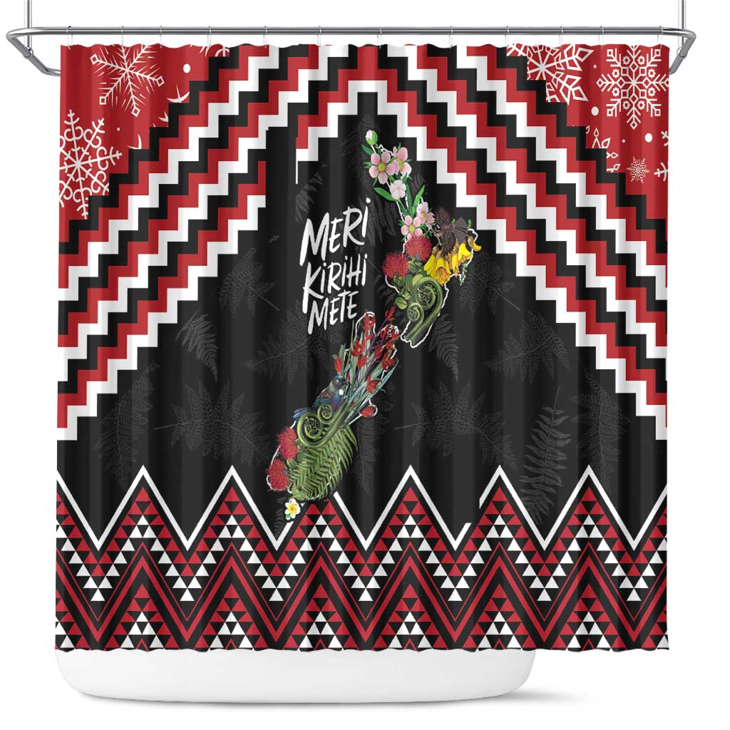 New Zealand Christmas Taniko Poutama Shower Curtain Flora Map with Birds - Polynesian Pride