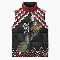 New Zealand Christmas Taniko Poutama Sleeveless Puffer Jacket Flora Map with Birds - Polynesian Pride