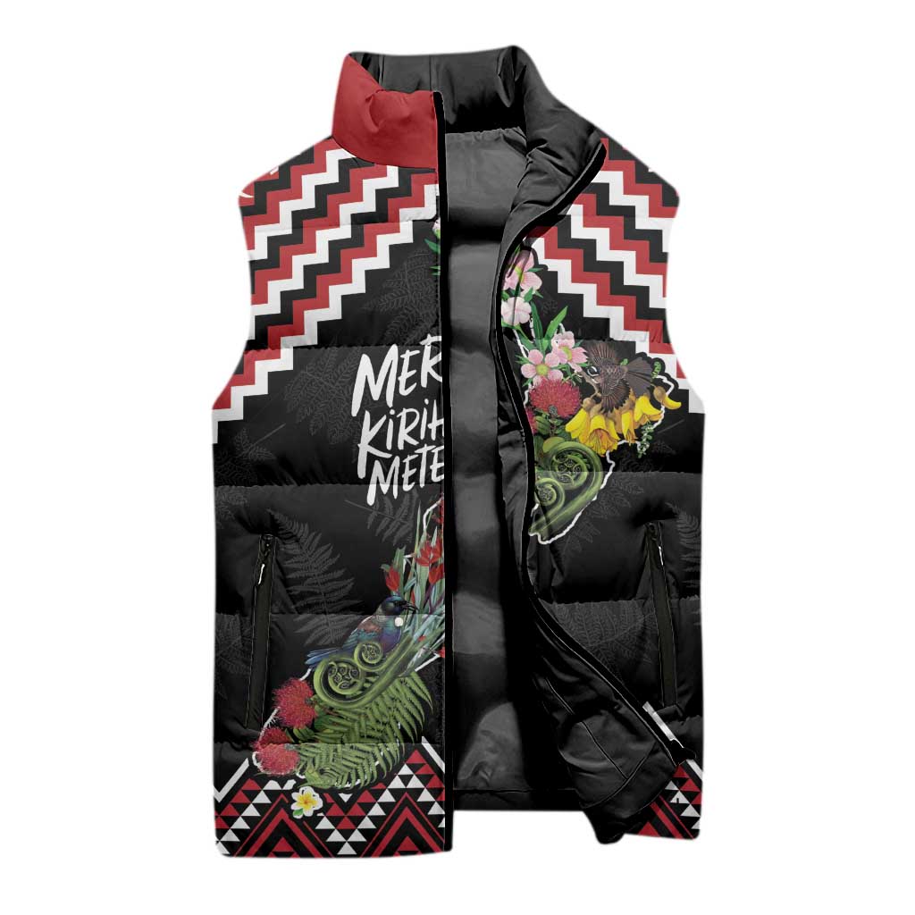 New Zealand Christmas Taniko Poutama Sleeveless Puffer Jacket Flora Map with Birds - Polynesian Pride