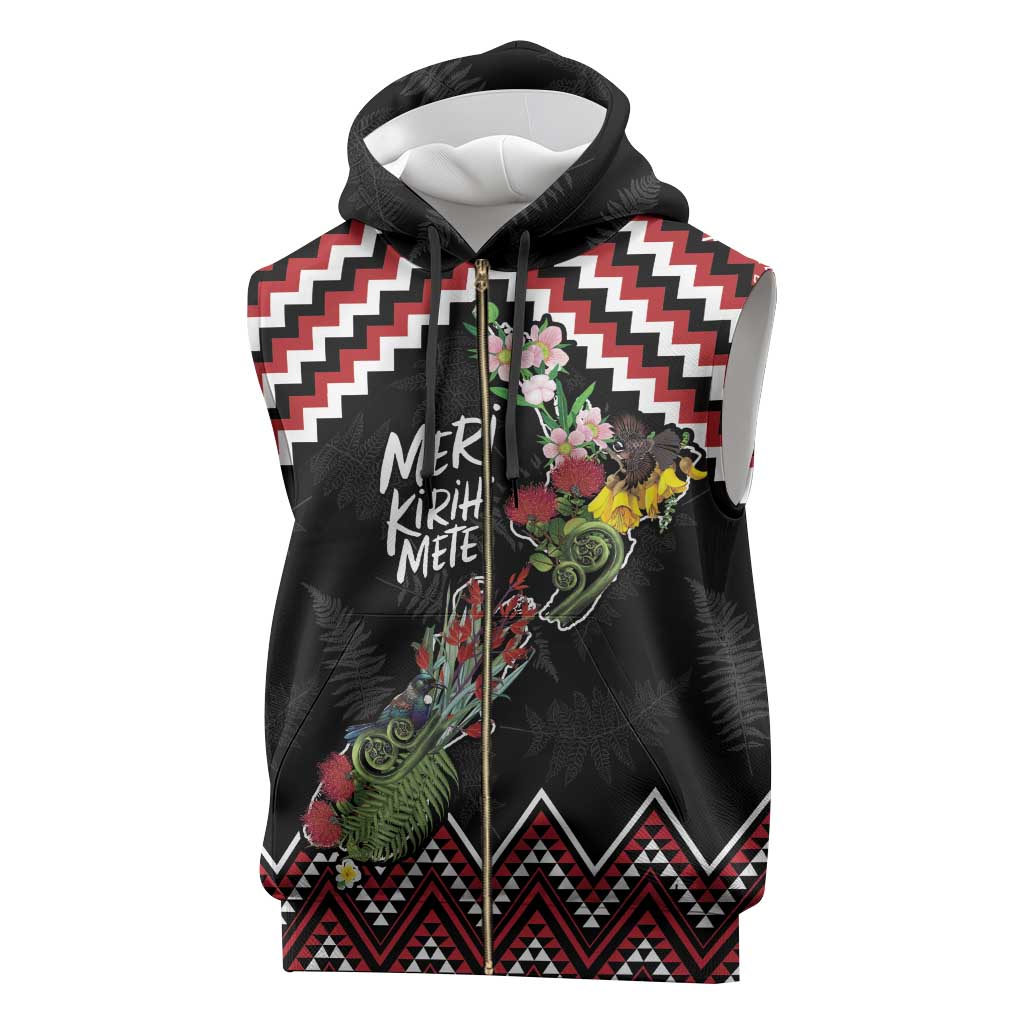 New Zealand Christmas Taniko Poutama Sleeveless Zip Hoodie Flora Map with Birds - Polynesian Pride