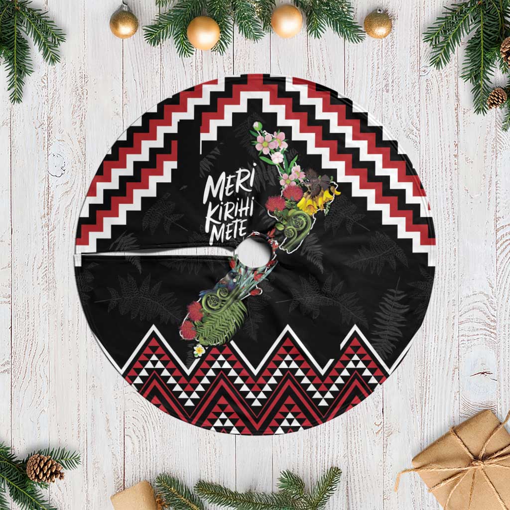 New Zealand Christmas Taniko Poutama Tree Skirt Flora Map with Birds - Polynesian Pride