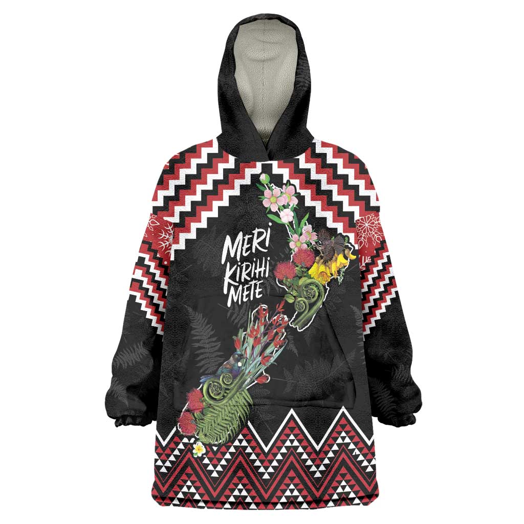 New Zealand Christmas Taniko Poutama Wearable Blanket Hoodie Flora Map with Birds - Polynesian Pride