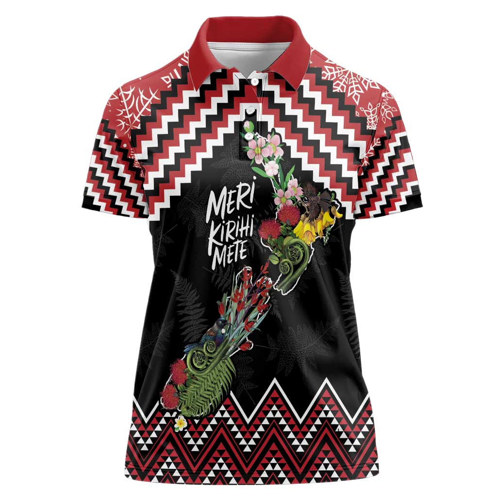 New Zealand Christmas Taniko Poutama Women Polo Shirt Flora Map with Birds - Polynesian Pride