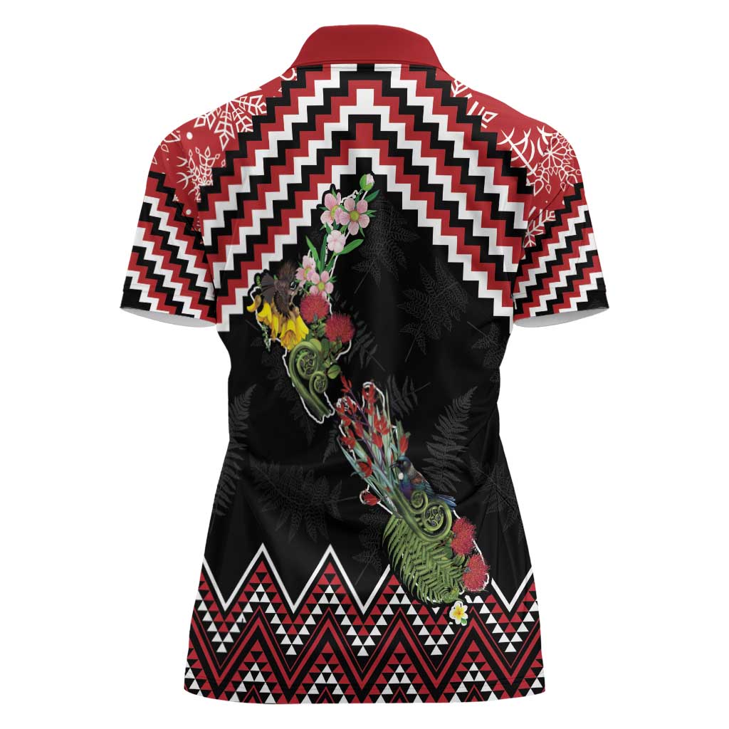 New Zealand Christmas Taniko Poutama Women Polo Shirt Flora Map with Birds - Polynesian Pride