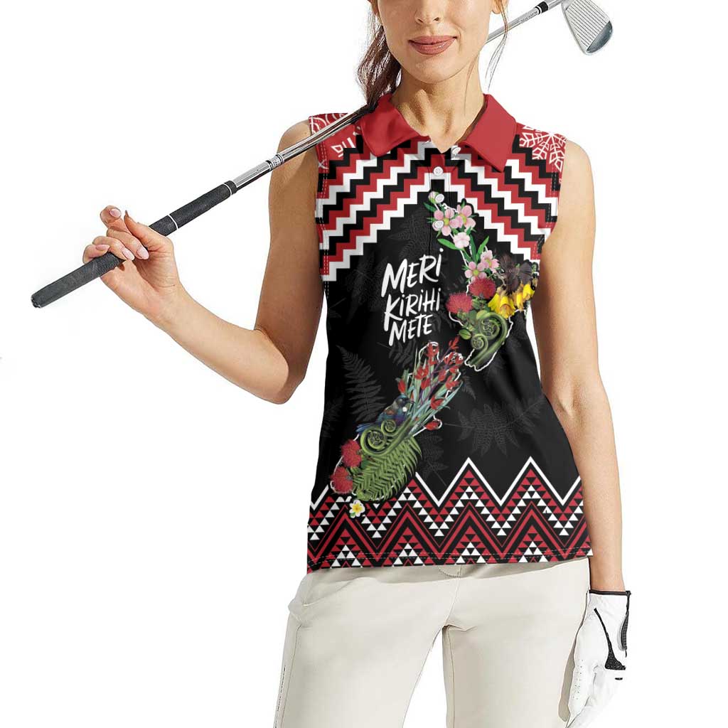 New Zealand Christmas Taniko Poutama Women Sleeveless Polo Shirt Flora Map with Birds - Polynesian Pride