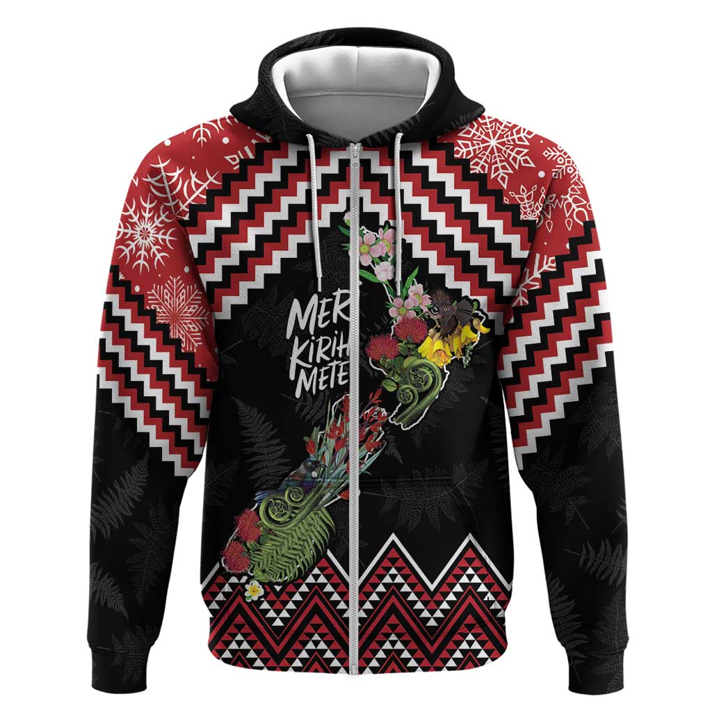 New Zealand Christmas Taniko Poutama Zip Hoodie Flora Map with Birds - Polynesian Pride