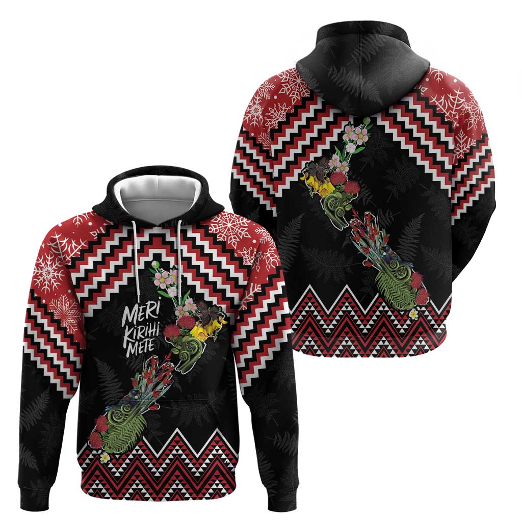 New Zealand Christmas Taniko Poutama Zip Hoodie Flora Map with Birds - Polynesian Pride