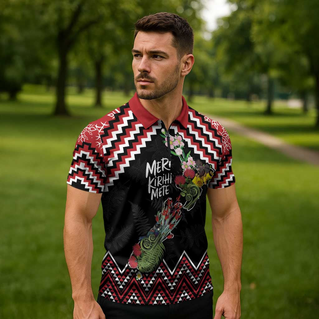 New Zealand Christmas Taniko Poutama Zipper Polo Shirt Flora Map with Birds - Polynesian Pride