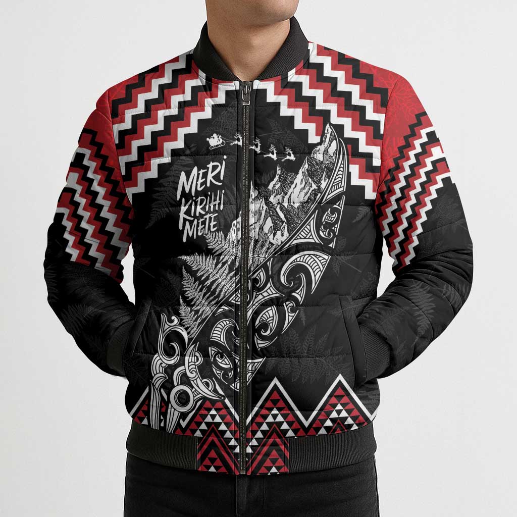 New Zealand Christmas Taniko Poutama Bomber Puffer Jacket Mountainscape Maori Fern - Polynesian Pride