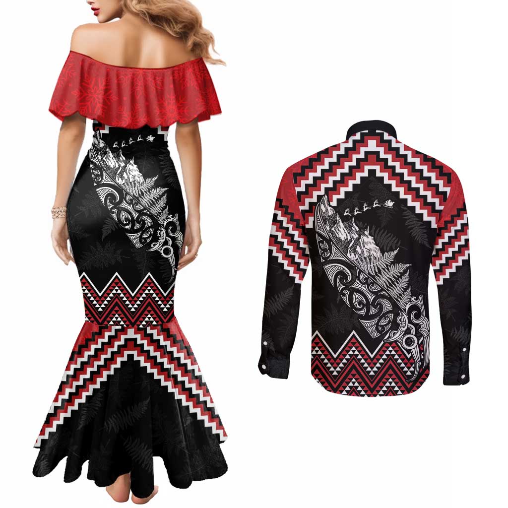 New Zealand Christmas Taniko Poutama Couples Matching Mermaid Dress and Long Sleeve Button Shirt Mountainscape Maori Fern - Polynesian Pride