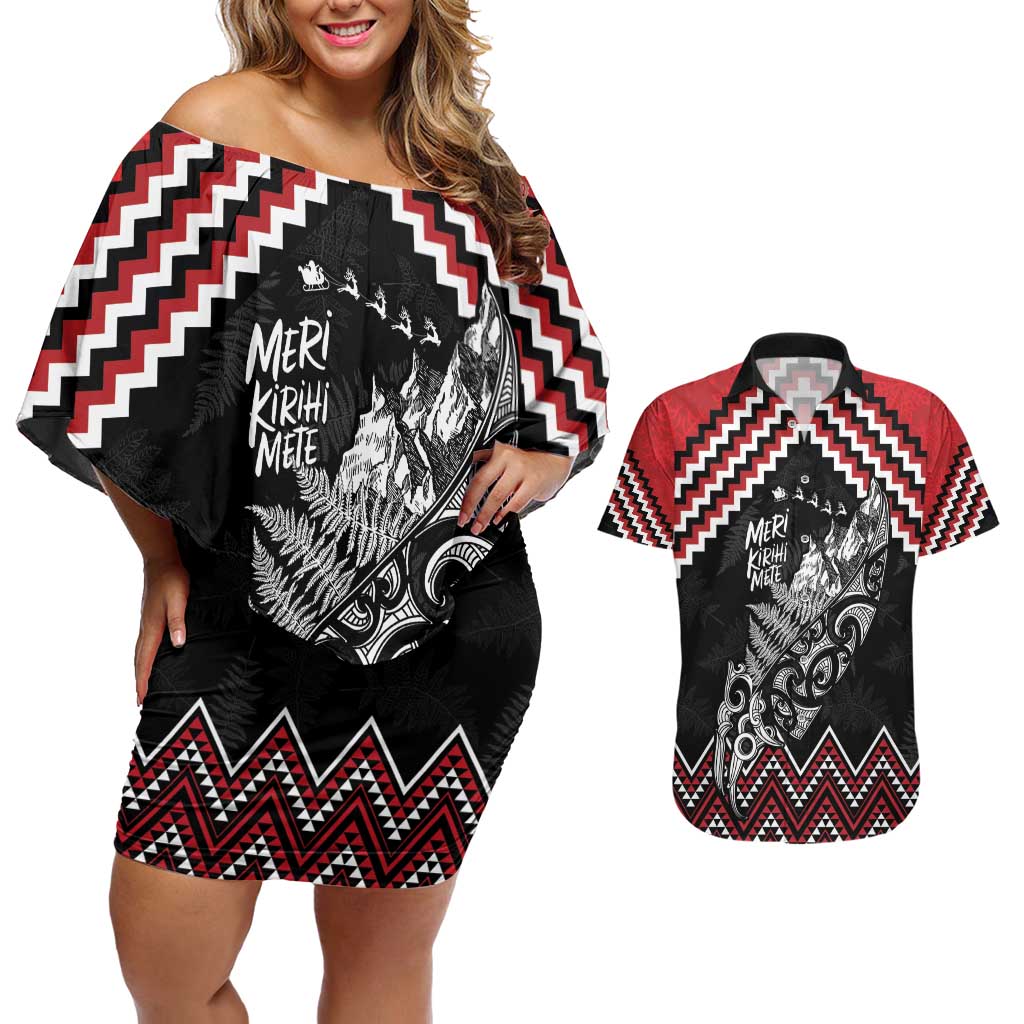 New Zealand Christmas Taniko Poutama Couples Matching Off Shoulder Short Dress and Hawaiian Shirt Mountainscape Maori Fern - Polynesian Pride
