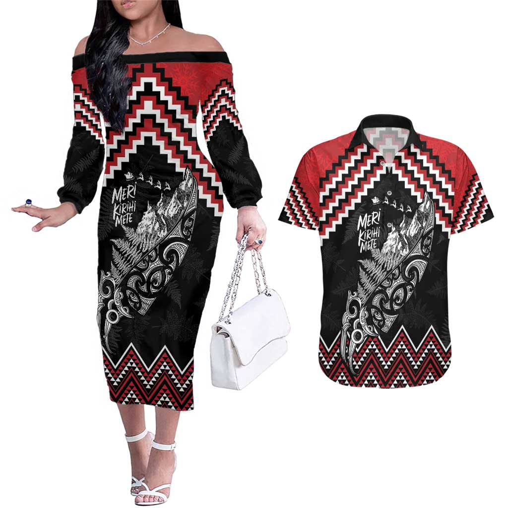 New Zealand Christmas Taniko Poutama Couples Matching Off The Shoulder Long Sleeve Dress and Hawaiian Shirt Mountainscape Maori Fern - Polynesian Pride