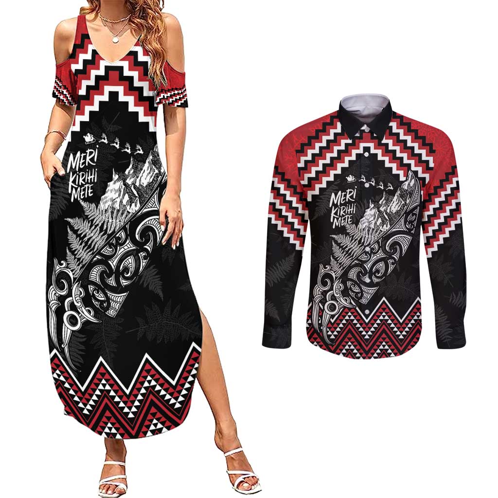New Zealand Christmas Taniko Poutama Couples Matching Summer Maxi Dress and Long Sleeve Button Shirt Mountainscape Maori Fern - Polynesian Pride