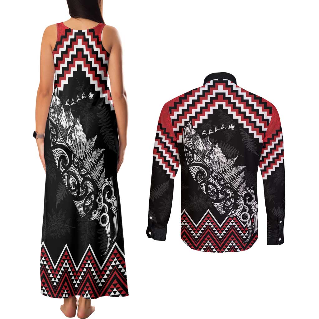 New Zealand Christmas Taniko Poutama Couples Matching Tank Maxi Dress and Long Sleeve Button Shirt Mountainscape Maori Fern - Polynesian Pride