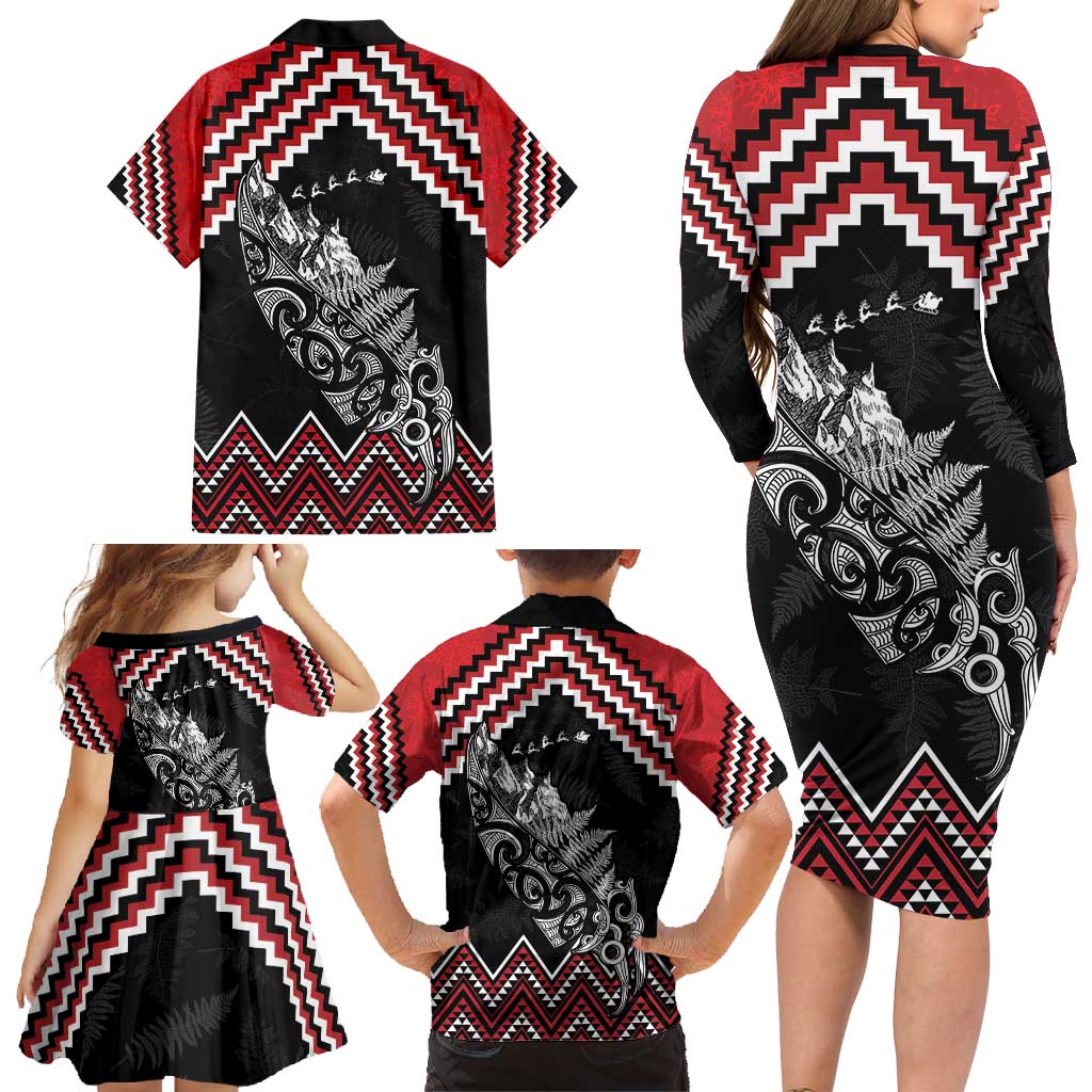 New Zealand Christmas Taniko Poutama Family Matching Long Sleeve Bodycon Dress and Hawaiian Shirt Mountainscape Maori Fern - Polynesian Pride