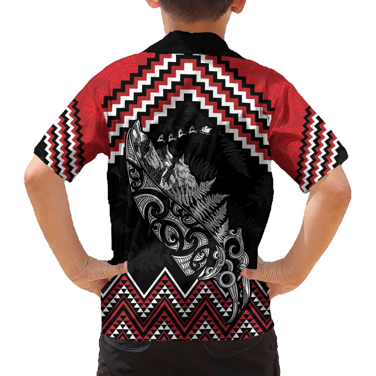 New Zealand Christmas Taniko Poutama Family Matching Off The Shoulder Long Sleeve Dress and Hawaiian Shirt Mountainscape Maori Fern - Polynesian Pride