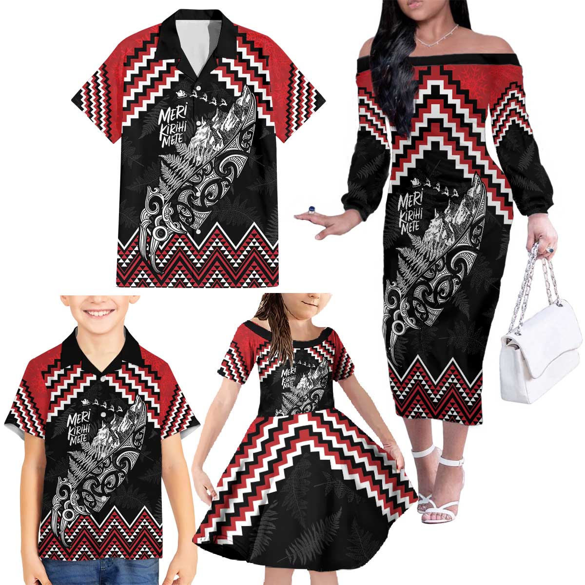 New Zealand Christmas Taniko Poutama Family Matching Off The Shoulder Long Sleeve Dress and Hawaiian Shirt Mountainscape Maori Fern - Polynesian Pride