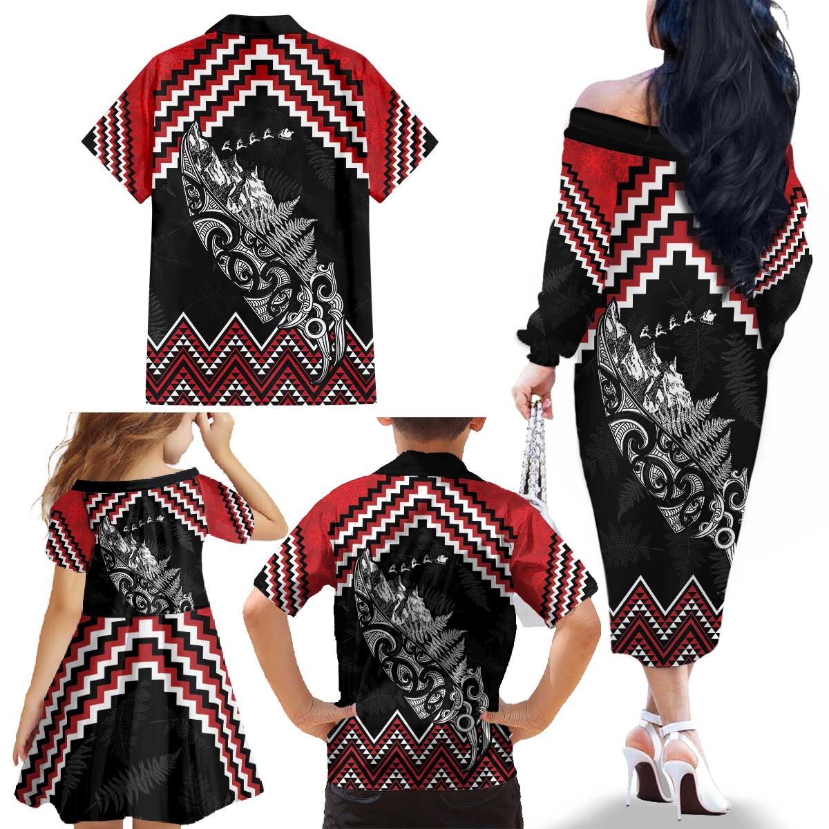 New Zealand Christmas Taniko Poutama Family Matching Off The Shoulder Long Sleeve Dress and Hawaiian Shirt Mountainscape Maori Fern - Polynesian Pride