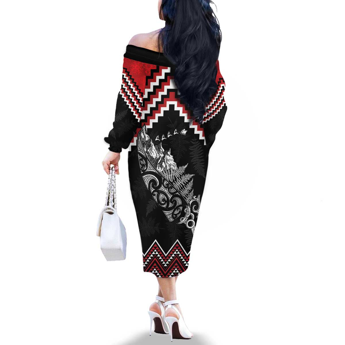 New Zealand Christmas Taniko Poutama Family Matching Off The Shoulder Long Sleeve Dress and Hawaiian Shirt Mountainscape Maori Fern - Polynesian Pride