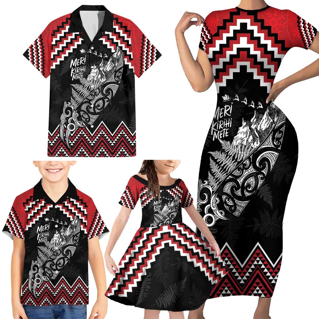 New Zealand Christmas Taniko Poutama Family Matching Short Sleeve Bodycon Dress and Hawaiian Shirt Mountainscape Maori Fern - Polynesian Pride