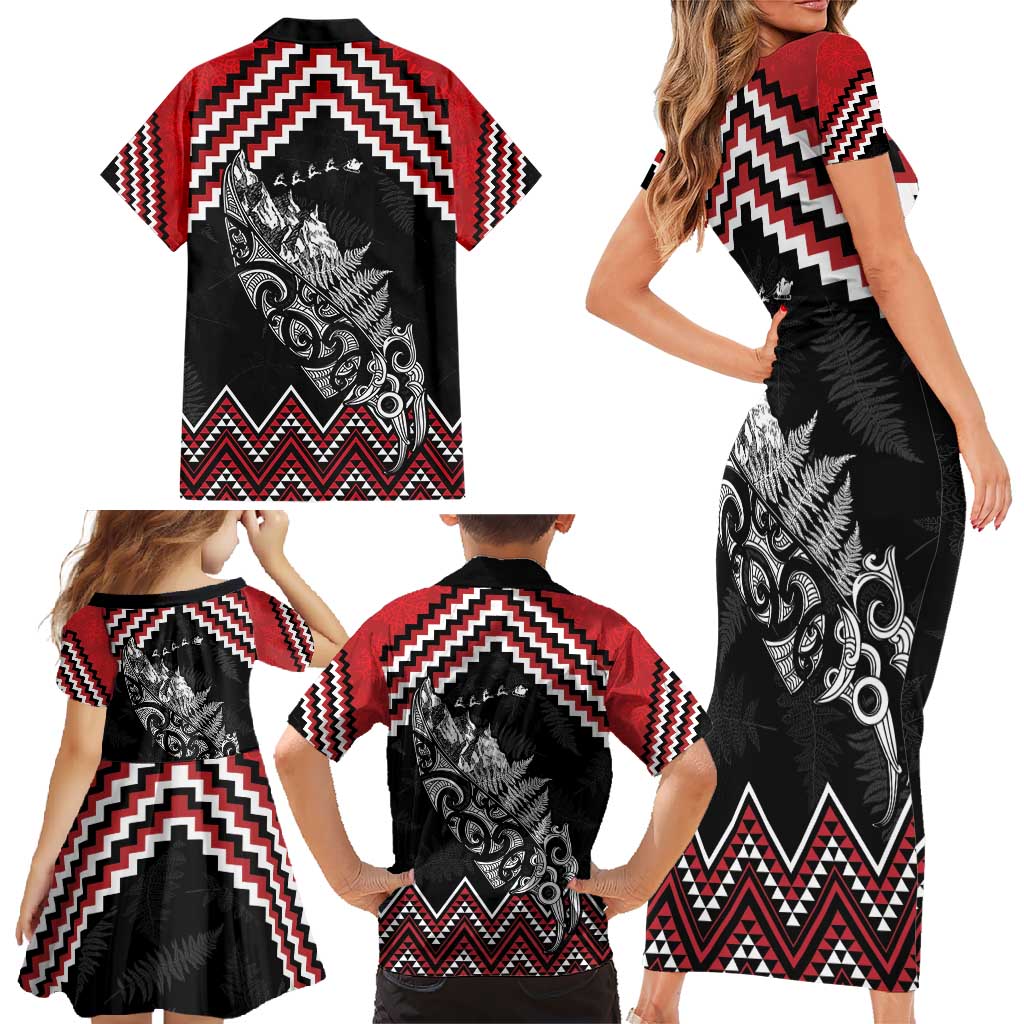 New Zealand Christmas Taniko Poutama Family Matching Short Sleeve Bodycon Dress and Hawaiian Shirt Mountainscape Maori Fern - Polynesian Pride