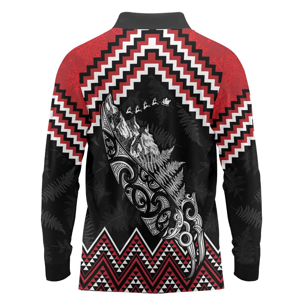 New Zealand Christmas Taniko Poutama Long Sleeve Polo Shirt Mountainscape Maori Fern - Polynesian Pride