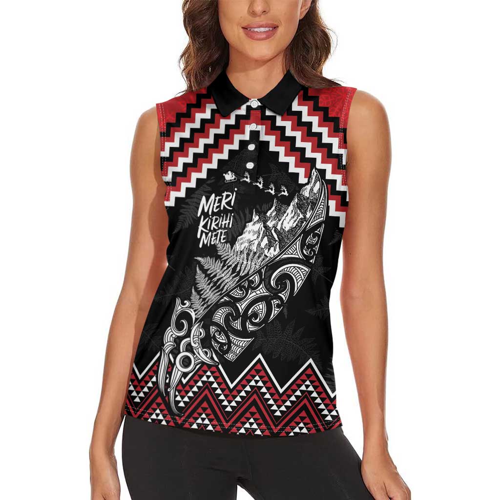 New Zealand Christmas Taniko Poutama Women Sleeveless Polo Shirt Mountainscape Maori Fern - Polynesian Pride