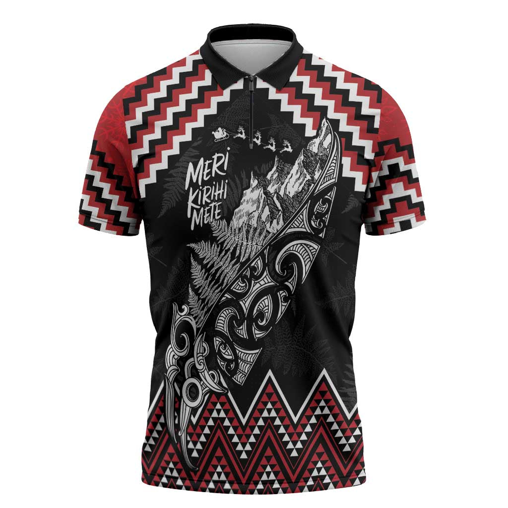 New Zealand Christmas Taniko Poutama Zipper Polo Shirt Mountainscape Maori Fern - Polynesian Pride