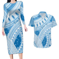 Bula Fiji Classic Masi Tapa Couples Matching Long Sleeve Bodycon Dress and Hawaiian Shirt Turquoise - Polynesian Pride