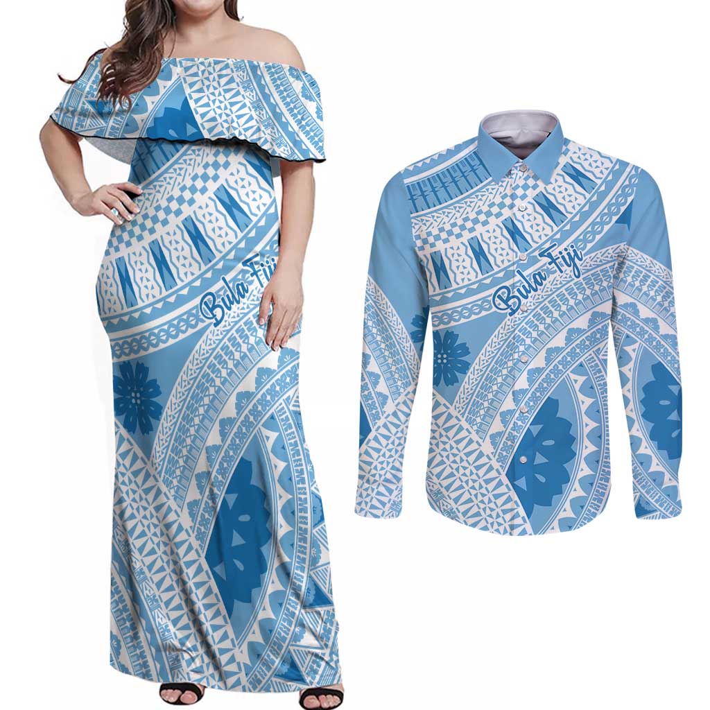 Bula Fiji Classic Masi Tapa Couples Matching Off Shoulder Maxi Dress and Long Sleeve Button Shirt Turquoise - Polynesian Pride