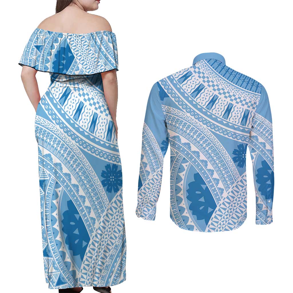 Bula Fiji Classic Masi Tapa Couples Matching Off Shoulder Maxi Dress and Long Sleeve Button Shirt Turquoise - Polynesian Pride
