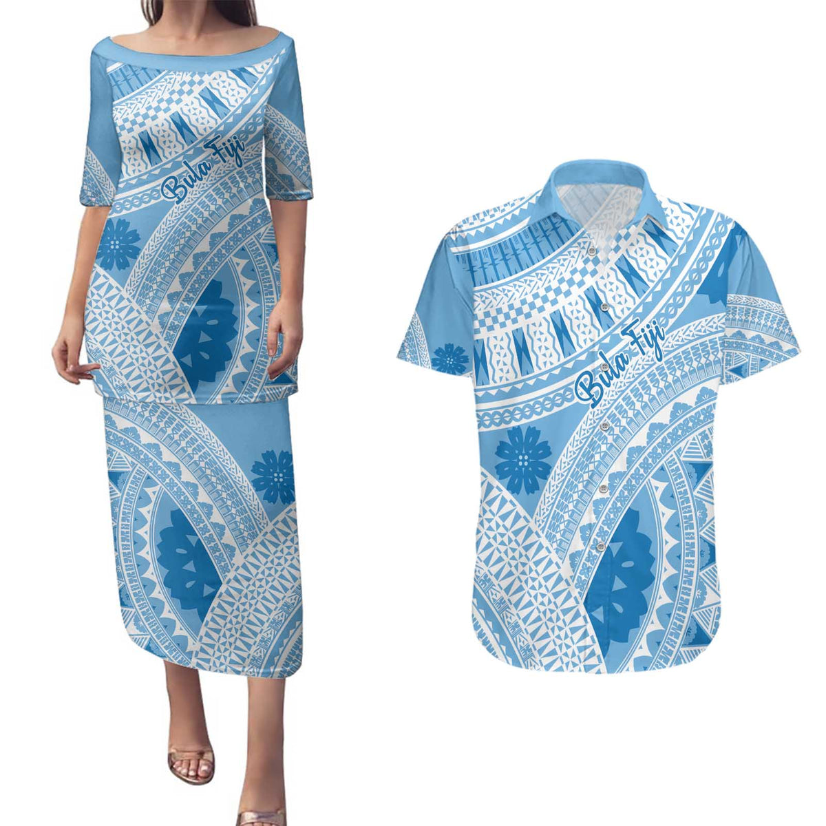 Bula Fiji Classic Masi Tapa Couples Matching Puletasi and Hawaiian Shirt Turquoise - Polynesian Pride