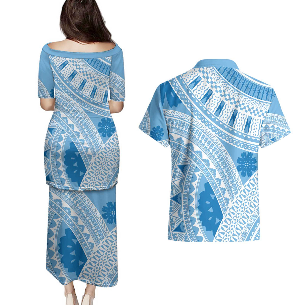 Bula Fiji Classic Masi Tapa Couples Matching Puletasi and Hawaiian Shirt Turquoise - Polynesian Pride