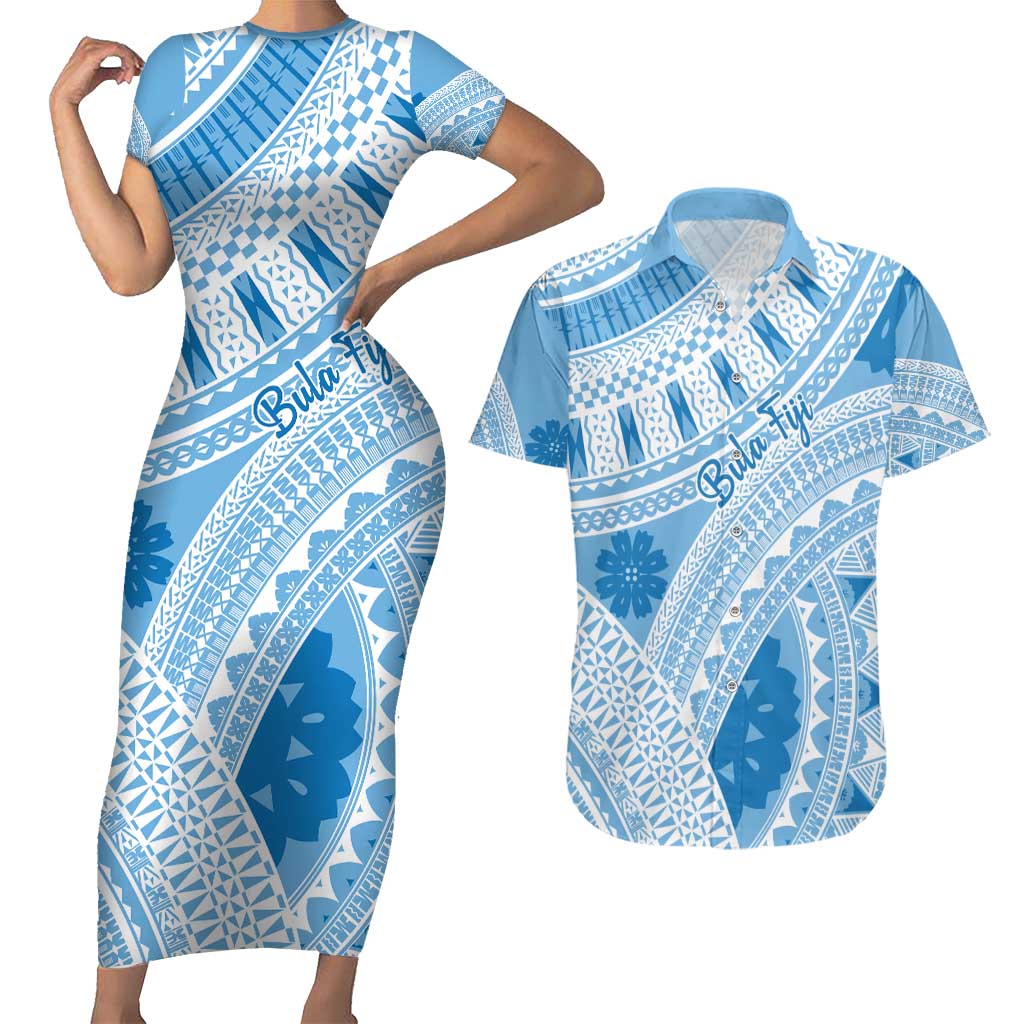 Bula Fiji Classic Masi Tapa Couples Matching Short Sleeve Bodycon Dress and Hawaiian Shirt Turquoise - Polynesian Pride