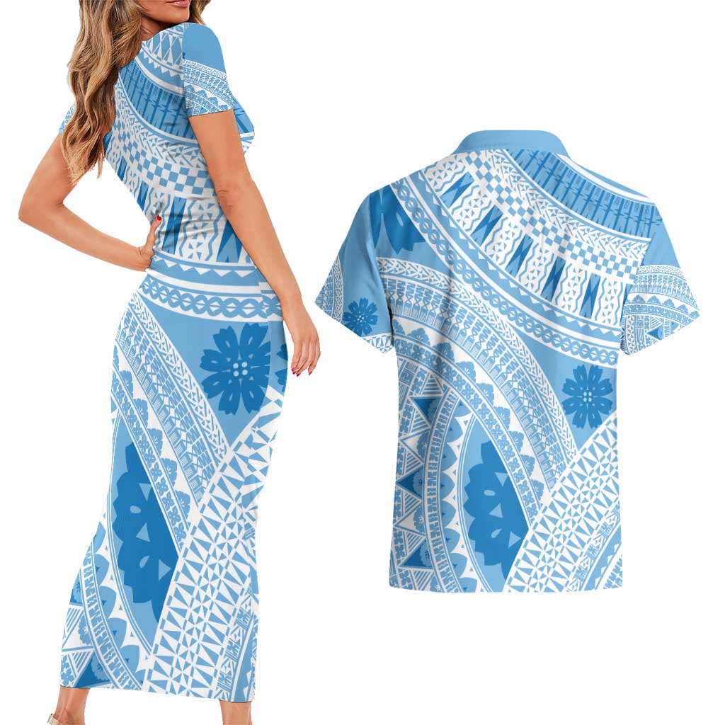 Bula Fiji Classic Masi Tapa Couples Matching Short Sleeve Bodycon Dress and Hawaiian Shirt Turquoise - Polynesian Pride
