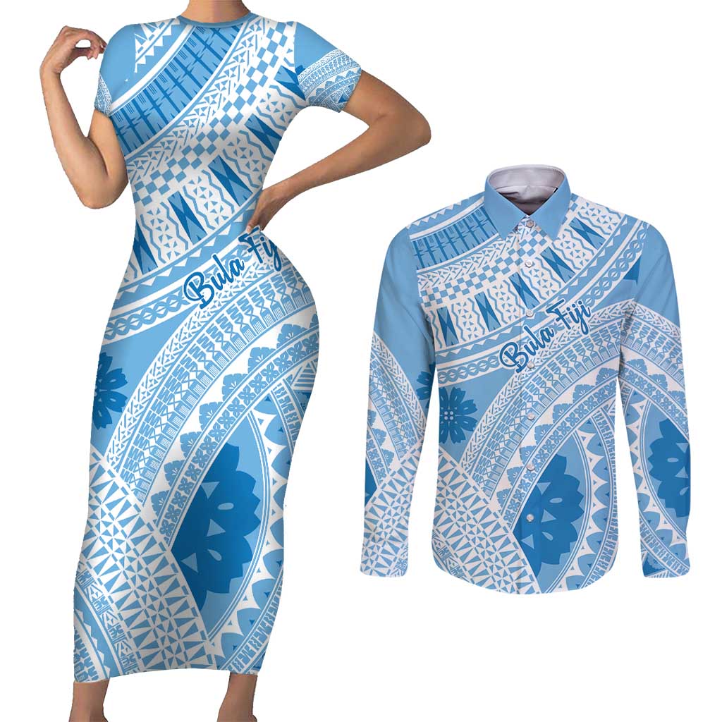 Bula Fiji Classic Masi Tapa Couples Matching Short Sleeve Bodycon Dress and Long Sleeve Button Shirt Turquoise - Polynesian Pride