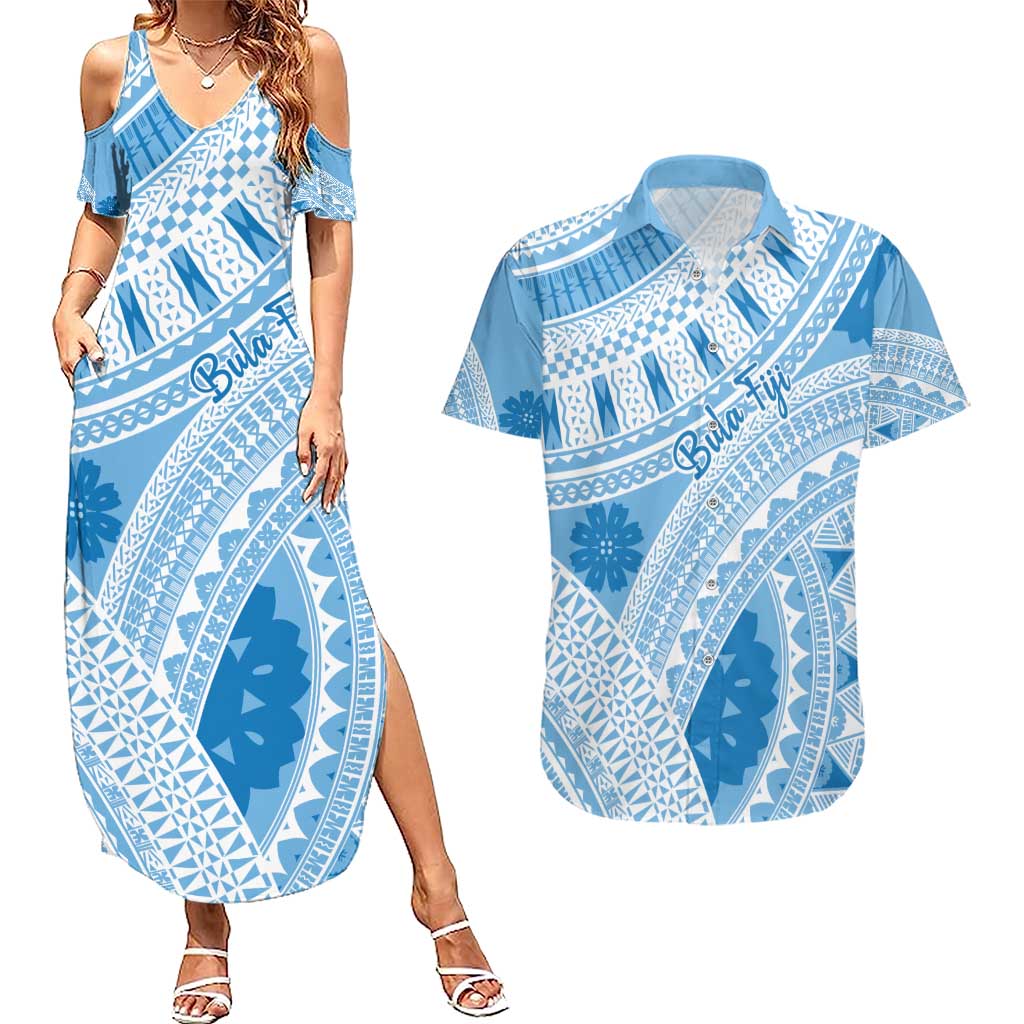 Bula Fiji Classic Masi Tapa Couples Matching Summer Maxi Dress and Hawaiian Shirt Turquoise - Polynesian Pride