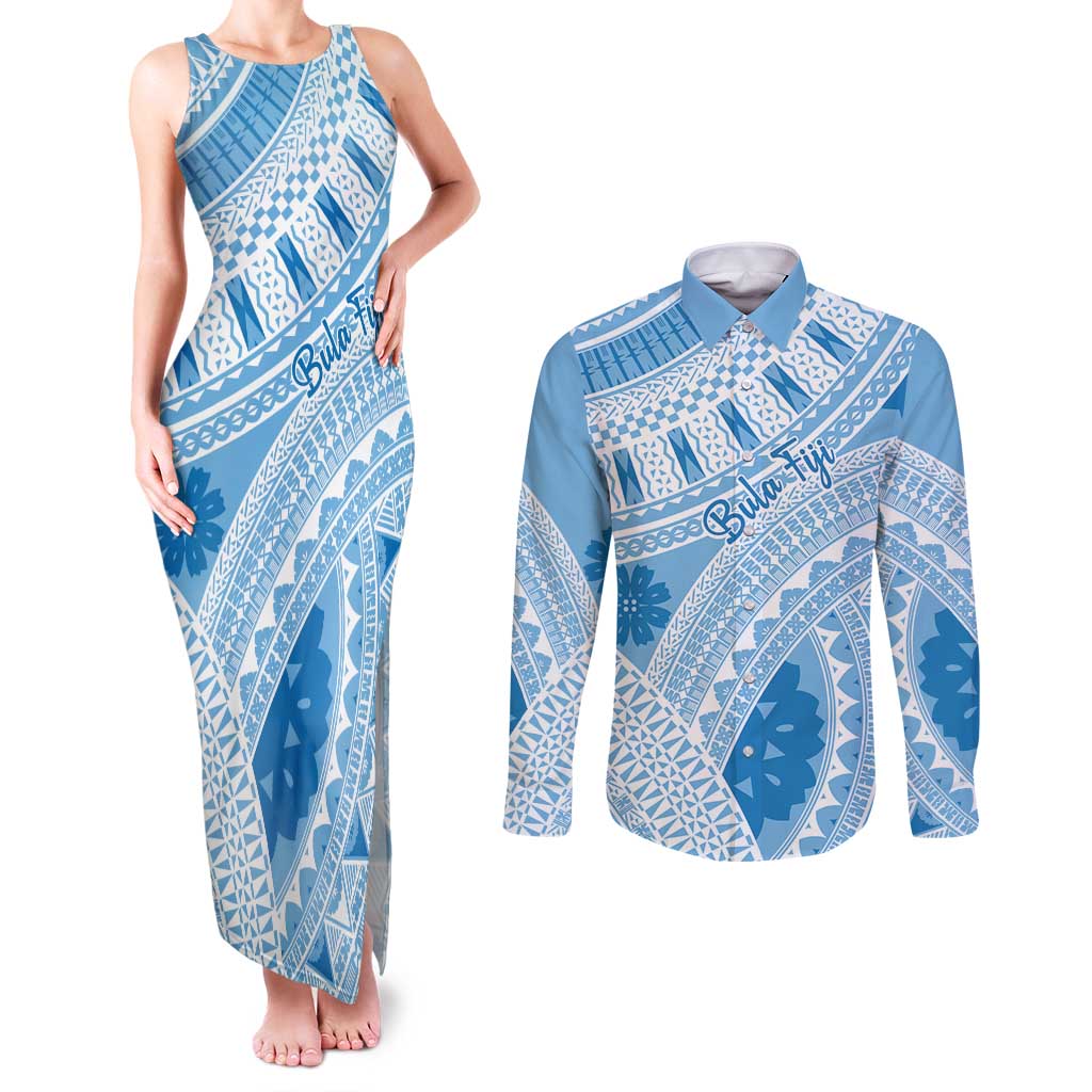Bula Fiji Classic Masi Tapa Couples Matching Tank Maxi Dress and Long Sleeve Button Shirt Turquoise - Polynesian Pride