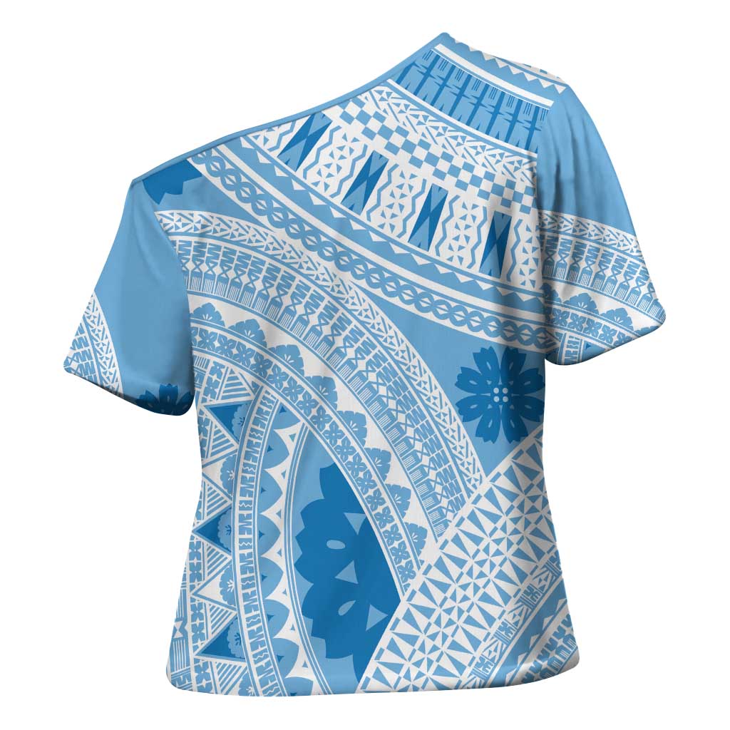 Bula Fiji Classic Masi Tapa Cross Shoulder Shirt Turquoise - Polynesian Pride