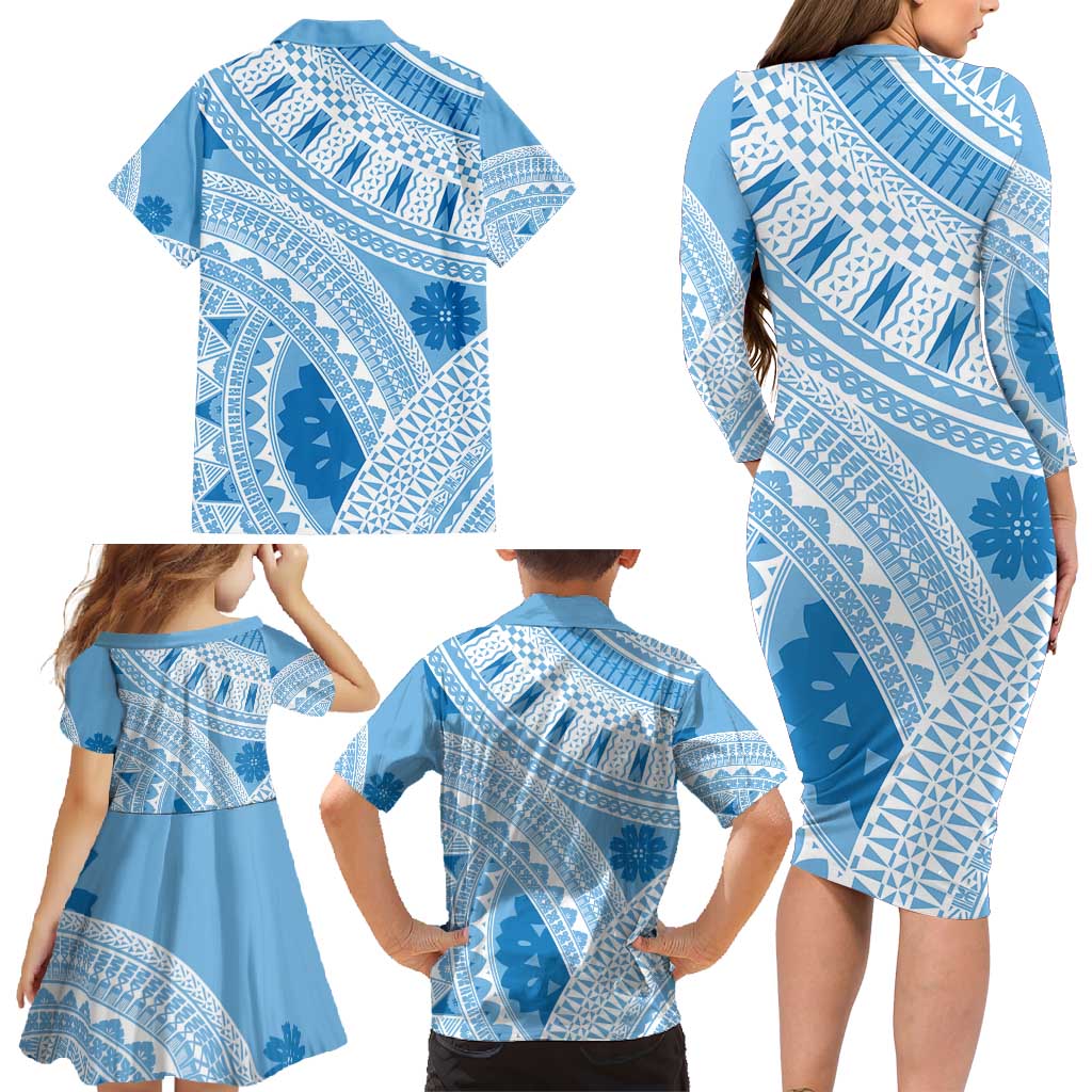 Bula Fiji Classic Masi Tapa Family Matching Long Sleeve Bodycon Dress and Hawaiian Shirt Turquoise - Polynesian Pride