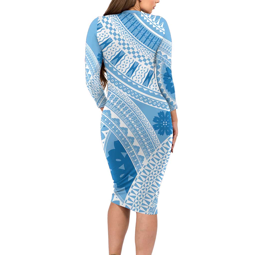 Bula Fiji Classic Masi Tapa Family Matching Long Sleeve Bodycon Dress and Hawaiian Shirt Turquoise - Polynesian Pride