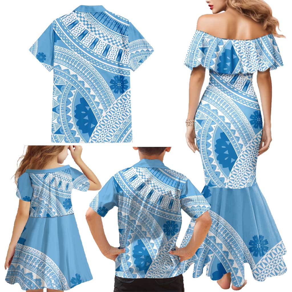 Bula Fiji Classic Masi Tapa Family Matching Mermaid Dress and Hawaiian Shirt Turquoise - Polynesian Pride