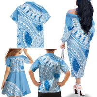 Bula Fiji Classic Masi Tapa Family Matching Off The Shoulder Long Sleeve Dress and Hawaiian Shirt Turquoise - Polynesian Pride
