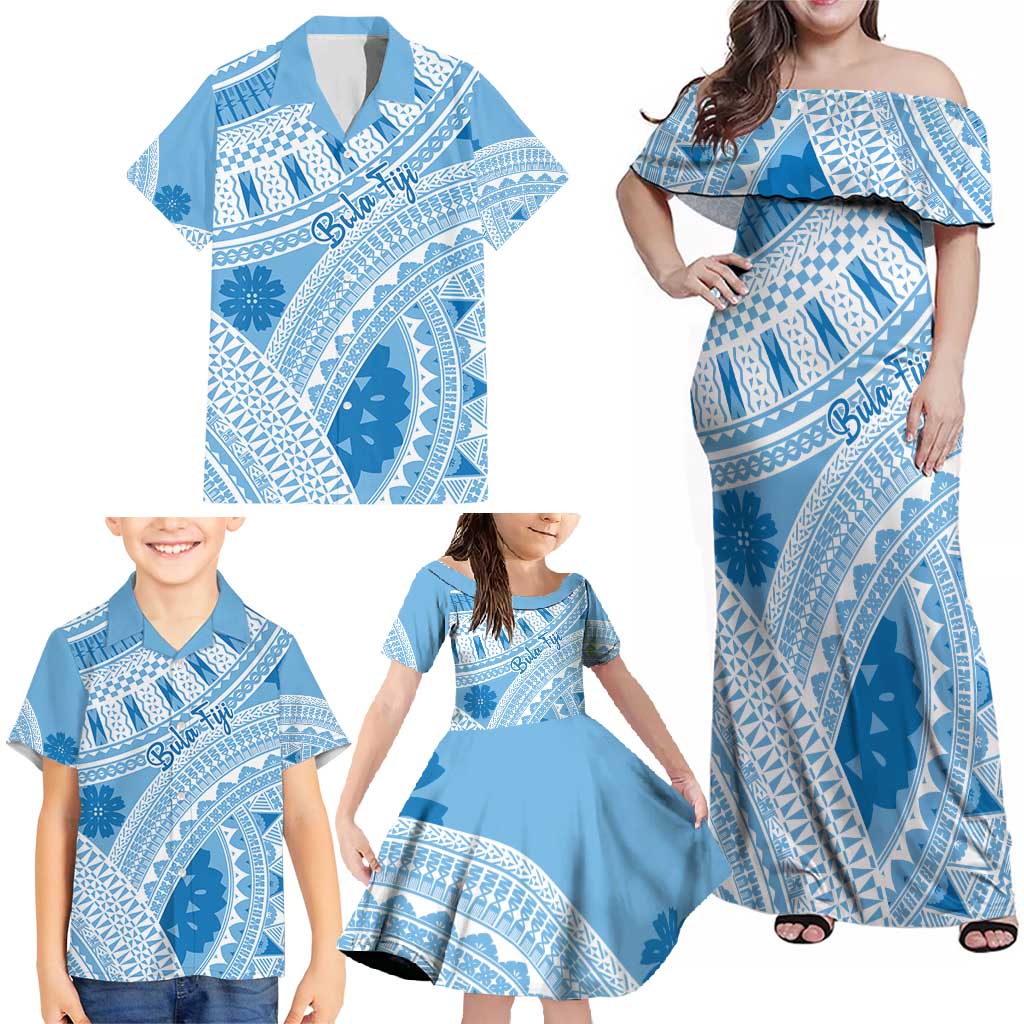 Bula Fiji Classic Masi Tapa Family Matching Off Shoulder Maxi Dress and Hawaiian Shirt Turquoise - Polynesian Pride