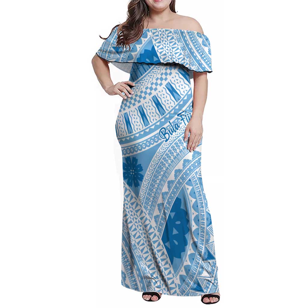 Bula Fiji Classic Masi Tapa Family Matching Off Shoulder Maxi Dress and Hawaiian Shirt Turquoise - Polynesian Pride
